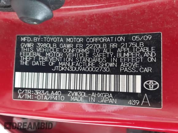 2010 Toyota Prius III with VIN JTDKN3DU9A0002730, listed as a IAAI auction lot 43507358 with 252,687 mi miles and . Bid and sale history available at DreamBid. Image 9.
