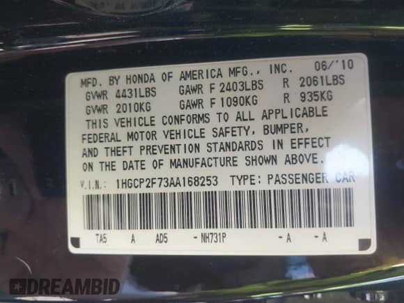 2010 Honda Accord EX with VIN 1HGCP2F73AA168253, listed as a IAAI auction lot 43083562 with 196,635 mi miles and . Bid and sale history available at DreamBid. Image 9.