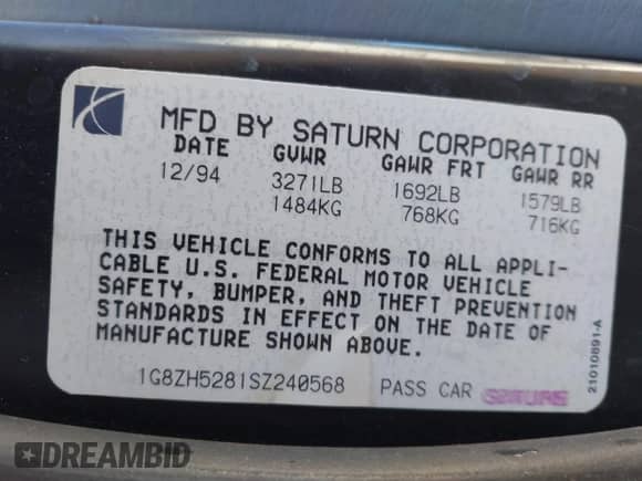 1995 Saturn SL with VIN 1G8ZH5281SZ240568, listed as a IAAI auction lot 43291658 with 67,255 mi miles and . Bid and sale history available at DreamBid. Image 9.