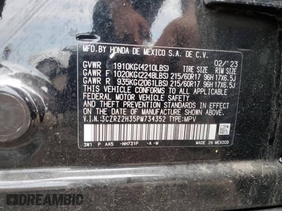 2023 Honda HR-V LX with VIN 3CZRZ2H35PM734352, listed as a Copart auction lot 81742005 with 25,705 mi miles and Salvage title. Bid and sale history available at DreamBid. Image 13.