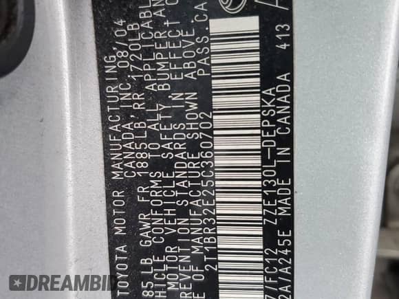 2005 Toyota Corolla S with VIN 2T1BR32E25C360702, listed as a Copart auction lot 85825335 with 120,163 mi miles and Salvage title. Bid and sale history available at DreamBid. Image 12.