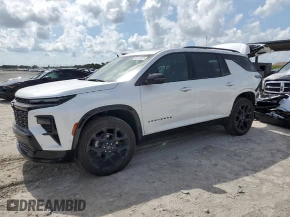 2025 Chevrolet Traverse FWD RS z VIN 1GNERLRS1SJ225632, wystawiony jako Copart lot #58037575 z przebiegiem 1 266 mil mil oraz Szkoda całkowita • Salvage title. Historia ofert i sprzedaży dostępna na DreamBid. Obrazek 1.