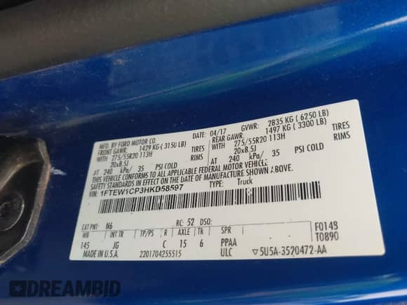 2017 Ford F-150 XL z VIN 1FTEW1CP3HKD58597, wystawiony jako IAAI lot #41928993 z przebiegiem 143 802 mil mil oraz . Historia ofert i sprzedaży dostępna na DreamBid. Obrazek 9.