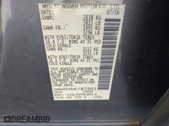 2016 Nissan Frontier SV with VIN 1N6AD0EV4GN787901, listed as a IAAI auction lot 42018254 with 120,845 mi miles and . Bid and sale history available at DreamBid. Image 9.