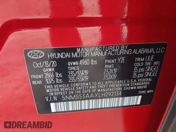 2020 Hyundai Santa Fe Limited with VIN 5NMS53AAXLH292134, listed as a IAAI auction lot 42994466 with 27,312 mi miles and . Bid and sale history available at DreamBid. Image 9.