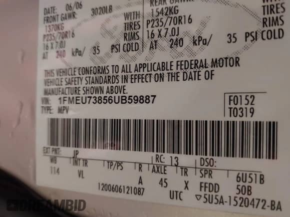 2006 Ford Explorer XLT z VIN 1FMEU73856UB59887, wystawiony jako IAAI lot #41462046 z przebiegiem Nie podano mil oraz . Historia ofert i sprzedaży dostępna na DreamBid. Obrazek 9.