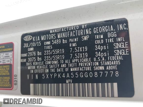 2016 Kia Sorento SXL with VIN 5XYPK4A55GG087778, listed as a IAAI auction lot 42431414 with 142,525 mi miles and . Bid and sale history available at DreamBid. Image 9.