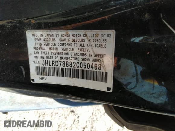 2002 Honda CR-V EX with VIN JHLRD78882C050468, listed as a IAAI auction lot 31653976 with 130,715 mi miles and . Bid and sale history available at DreamBid. Image 9.