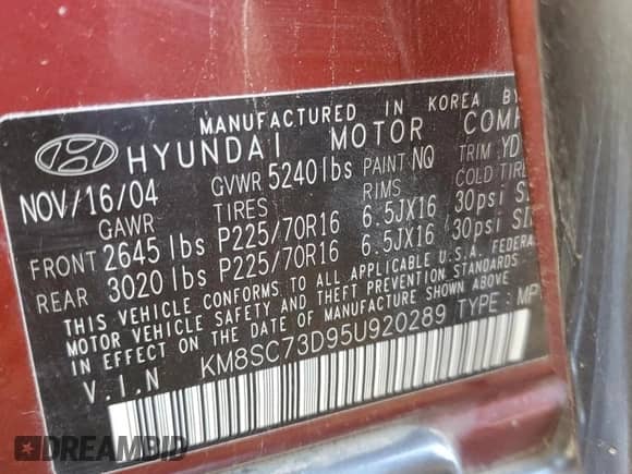 2005 Hyundai Santa Fe GLS с VIN KM8SC73D95U920289, выставлен на аукционе Copart как лот 72816834 с пробегом 120 879 миль миль и Списание • Salvage title. История ставок и продаж доступна на DreamBid. Изображение 14.