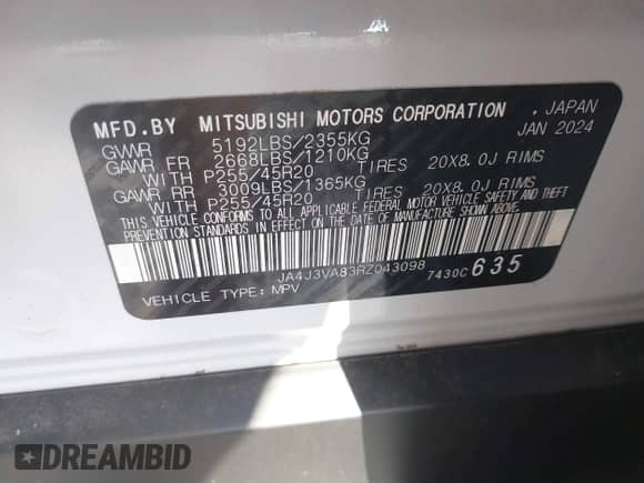 2024 Mitsubishi Outlander SE с VIN JA4J3VA83RZ043098, выставлен на аукционе IAAI как лот 43182397 с пробегом 18 886 миль миль и . История ставок и продаж доступна на DreamBid. Изображение 9.