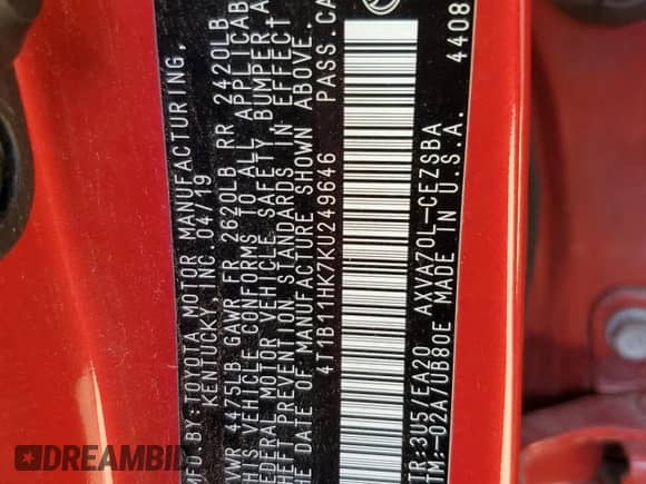 2019 Toyota Camry SE z VIN 4T1B11HK7KU249646, wystawiony jako Copart lot #80287225 z przebiegiem Nie podano mil oraz Szkoda całkowita • Salvage title. Historia ofert i sprzedaży dostępna na DreamBid. Obrazek 12.