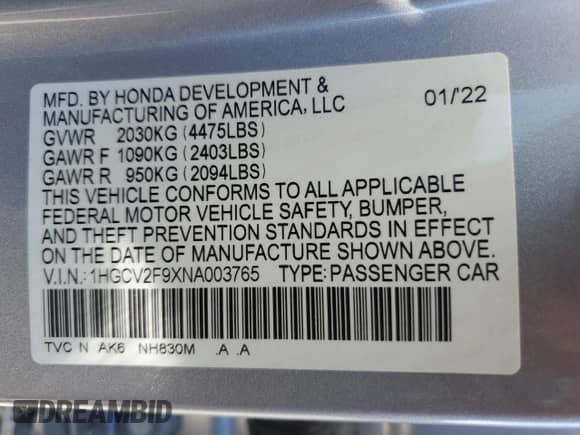 2022 Honda Accord Touring with VIN 1HGCV2F9XNA003765, listed as a Copart auction lot 64413085 with 61,518 mi miles and Salvage title. Bid and sale history available at DreamBid. Image 13.