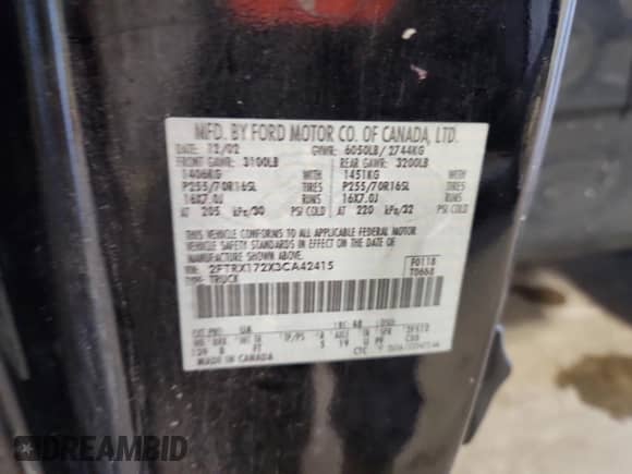 2003 Ford F-150 XL with VIN 2FTRX172X3CA42415, listed as a Copart auction lot 70556985 with 227,798 mi miles and Clean title. Bid and sale history available at DreamBid. Image 12.