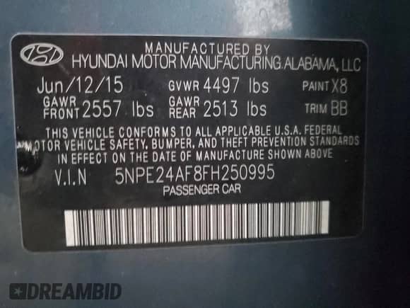 2015 Hyundai Sonata SE with VIN 5NPE24AF8FH250995, listed as a Copart auction lot 86618225 with 92,138 mi miles and Salvage title. Bid and sale history available at DreamBid. Image 12.