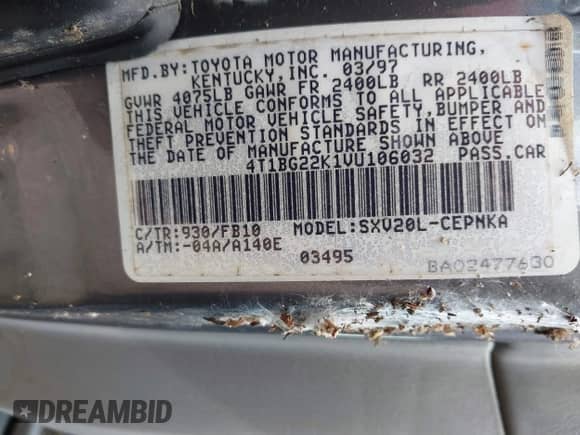 1997 Toyota Camry LE z VIN 4T1BG22K1VU106032, wystawiony jako IAAI lot #43108187 z przebiegiem Nie podano mil oraz . Historia ofert i sprzedaży dostępna na DreamBid. Obrazek 9.