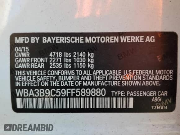 2015 BMW 3 Series 335i xDrive with VIN WBA3B9C59FF589880, listed as a Copart auction lot 65350095 with 132,760 mi miles and Salvage title. Bid and sale history available at DreamBid. Image 12.