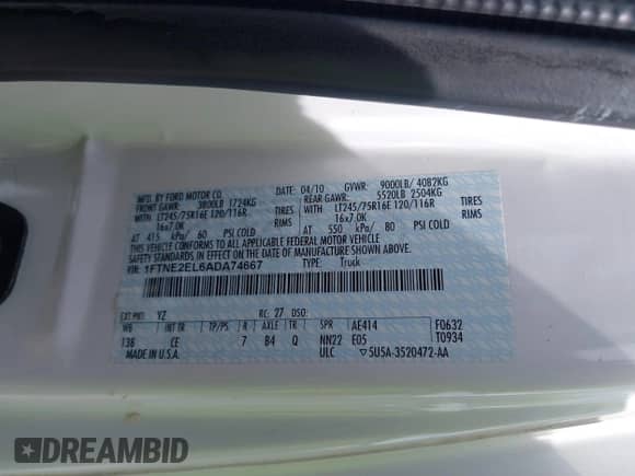 2010 Ford Econoline Cargo Commercial with VIN 1FTNE2EL6ADA74667, listed as a IAAI auction lot 41738313 with 122,139 mi miles and . Bid and sale history available at DreamBid. Image 9.