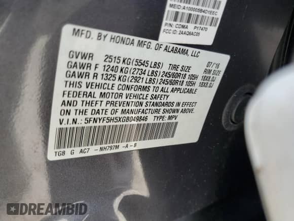 2016 Honda Pilot EX-L с VIN 5FNYF5H5XGB049846, выставлен на аукционе Copart как лот 87281175 с пробегом 157 868 миль миль и Списание • Salvage title. История ставок и продаж доступна на DreamBid. Изображение 13.