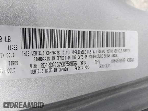 2019 Dodge Grand Caravan SXT with VIN 2C4RDGCG7KR750856, listed as a IAAI auction lot 43218902 with 118,798 mi miles and . Bid and sale history available at DreamBid. Image 9.