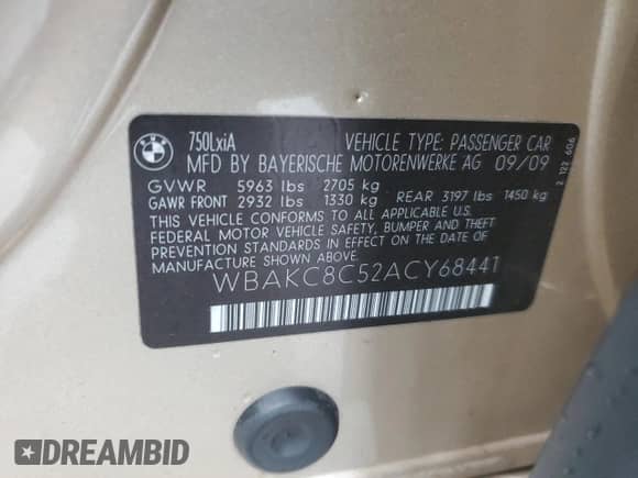 2010 BMW 7 Series 750Li xDrive with VIN WBAKC8C52ACY68441, listed as a Copart auction lot 69755645 with 161,559 mi miles and Clean title. Bid and sale history available at DreamBid. Image 12.