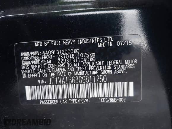 2016 Subaru WRX with VIN JF1VA1B63G9811250, listed as a IAAI auction lot 41620025 with 94,350 mi miles and . Bid and sale history available at DreamBid. Image 9.