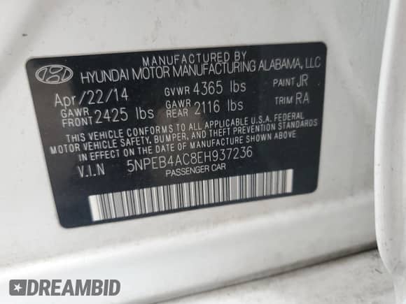 2014 Hyundai Sonata GLS z VIN 5NPEB4AC8EH937236, wystawiony jako Copart lot #63399195 z przebiegiem Nie podano mil oraz Szkoda całkowita • Salvage title. Historia ofert i sprzedaży dostępna na DreamBid. Obrazek 13.