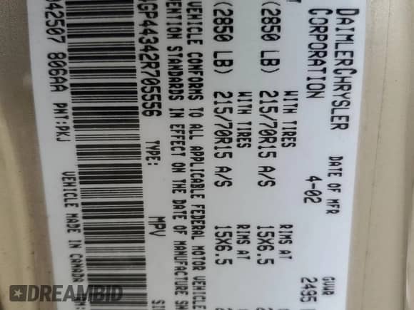 2002 Dodge Caravan Sport с VIN 2B4GP44342R705556, выставлен на аукционе Copart как лот 55508904 с пробегом 179 513 миль миль и Чистый • Clean title. История ставок и продаж доступна на DreamBid. Изображение 13.