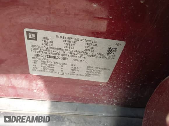 2016 Chevrolet Trax LT с VIN 3GNCJPSB8GL275699, выставлен на аукционе IAAI как лот 42985680 с пробегом 97 305 миль миль и . История ставок и продаж доступна на DreamBid. Изображение 9.