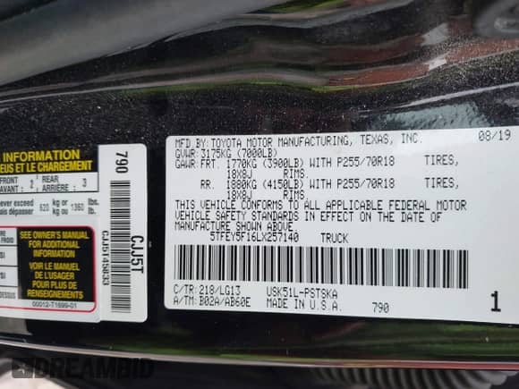 2020 Toyota Tundra SR5 with VIN 5TFEY5F16LX257140, listed as a IAAI auction lot 43095348 with 79,365 mi miles and . Bid and sale history available at DreamBid. Image 9.