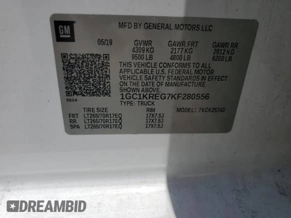 2019 Chevrolet Silverado 2500HD Work Truck z VIN 1GC1KREG7KF280556, wystawiony jako Copart lot #61862254 z przebiegiem 225 660 mil mil oraz Szkoda całkowita • Salvage title. Historia ofert i sprzedaży dostępna na DreamBid. Obrazek 14.