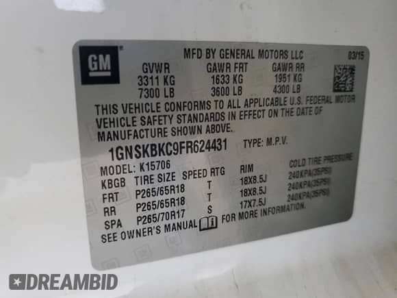 2015 Chevrolet Tahoe LT с VIN 1GNSKBKC9FR624431, выставлен на аукционе Copart как лот 84589435 с пробегом 144 959 миль миль и Списание • Salvage title. История ставок и продаж доступна на DreamBid. Изображение 13.