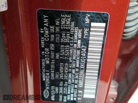 2019 Hyundai Tucson Night Edition с VIN KM8J33ALXKU014047, выставлен на аукционе Copart как лот 82746305 с пробегом 71 299 миль миль и Чистый • Clean title. История ставок и продаж доступна на DreamBid. Изображение 14.