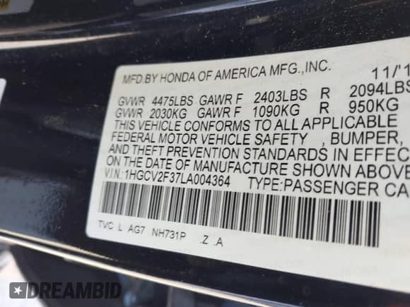 2020 Honda Accord Sport with VIN 1HGCV2F37LA004364, listed as a IAAI auction lot 43356785 with 97,364 mi miles and . Bid and sale history available at DreamBid. Image 9.
