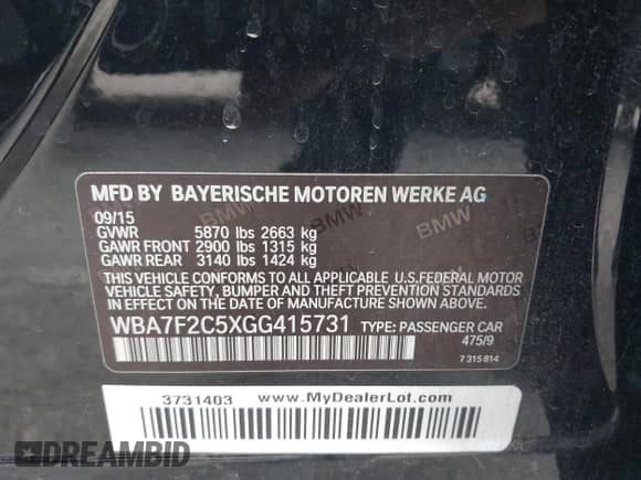 2016 BMW 7 Series 750i xDrive with VIN WBA7F2C5XGG415731, listed as a IAAI auction lot 43302211 with 113,001 mi miles and . Bid and sale history available at DreamBid. Image 9.