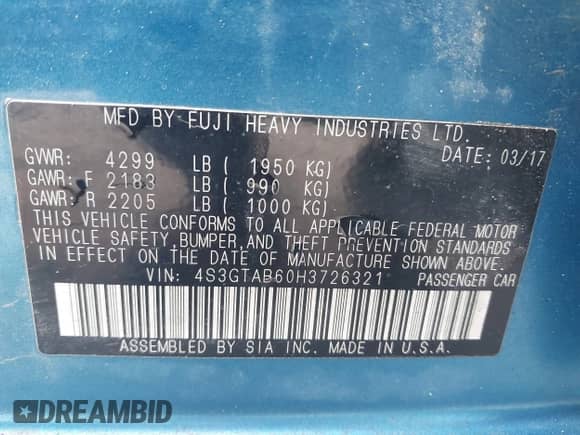 2017 Subaru Impreza Premium with VIN 4S3GTAB60H3726321, listed as a IAAI auction lot 42158761 with 96,802 mi miles and . Bid and sale history available at DreamBid. Image 9.