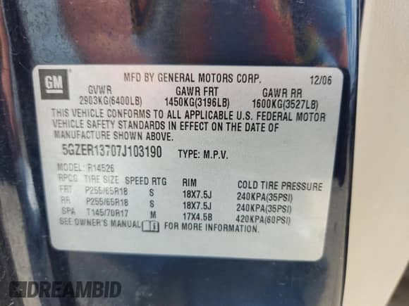 2007 Saturn Outlook XE with VIN 5GZER13707J103190, listed as a Copart auction lot 61369025 with 235,457 mi miles and Non repairable. Bid and sale history available at DreamBid. Image 13.