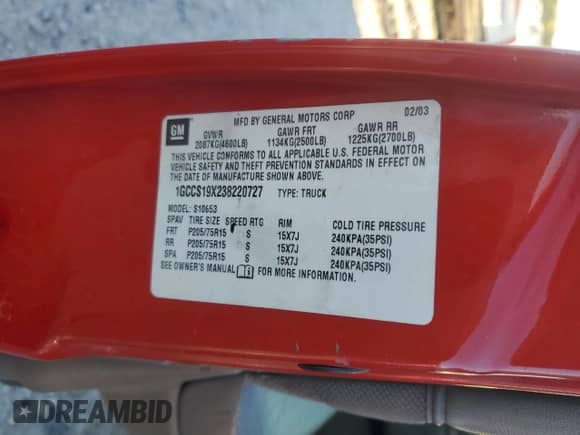 2003 Chevrolet S-10 LS with VIN 1GCCS19X238220727, listed as a Copart auction lot 82305045 with 121,993 mi miles and Clean title. Bid and sale history available at DreamBid. Image 12.