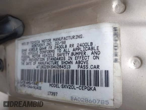 1998 Toyota Camry LE with VIN 4T1BG28K6WU284513, listed as a IAAI auction lot 42265219 with 90,892 mi miles and . Bid and sale history available at DreamBid. Image 9.