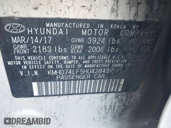 2017 Hyundai Elantra SE with VIN KMHD74LF5HU428487, listed as a IAAI auction lot 43231710 with 144,521 mi miles and . Bid and sale history available at DreamBid. Image 9.