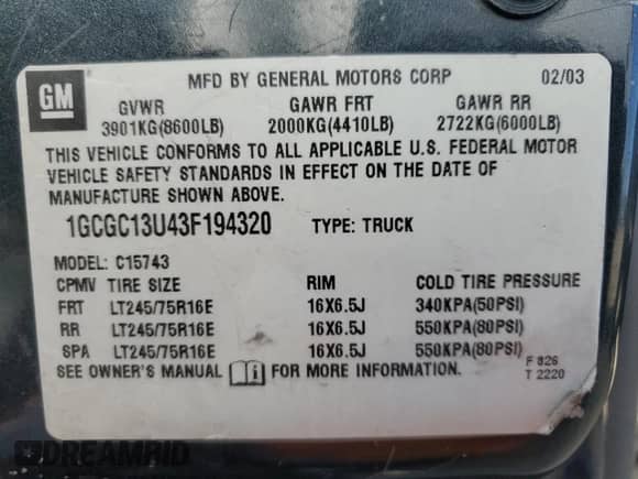 2003 Chevrolet Silverado 1500HD LS with VIN 1GCGC13U43F194320, listed as a Copart auction lot 63167315 with 277,678 mi miles and Salvage title. Bid and sale history available at DreamBid. Image 12.