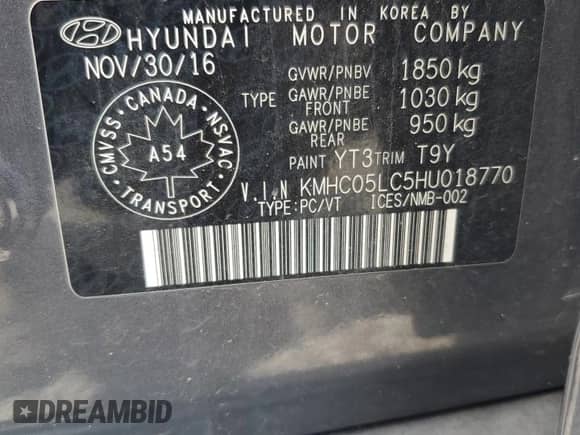 2017 Hyundai Ioniq Limited с VIN KMHC05LC5HU018770, выставлен на аукционе Copart как лот 65878455 с пробегом 154 640 миль миль и Списание • Salvage title. История ставок и продаж доступна на DreamBid. Изображение 13.