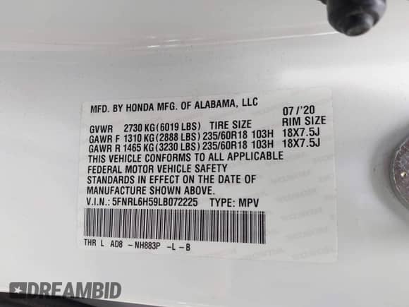 2020 Honda Odyssey EX with VIN 5FNRL6H59LB072225, listed as a IAAI auction lot 42892863 with 77,235 mi miles and . Bid and sale history available at DreamBid. Image 9.