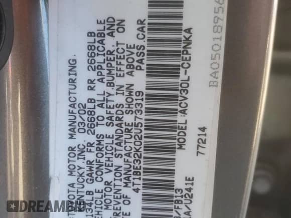 2002 Toyota Camry LE с VIN 4T1BE32K02U573319, выставлен на аукционе Copart как лот 87076145 с пробегом 121 719 миль миль и Списание • Salvage title. История ставок и продаж доступна на DreamBid. Изображение 12.