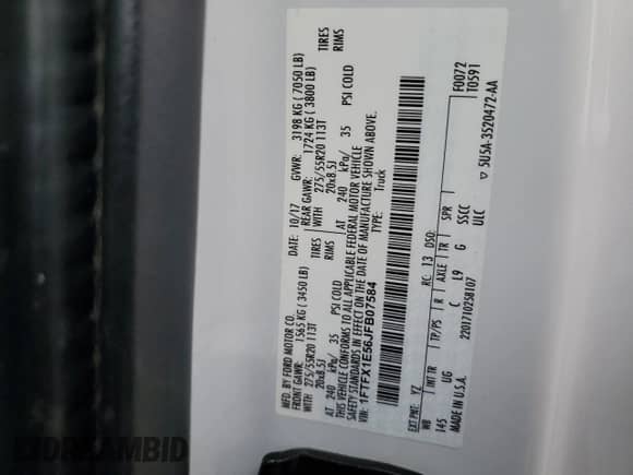 2018 Ford F-150 XL with VIN 1FTFX1E56JFB07584, listed as a Copart auction lot 84268845 with 70,649 mi miles and Salvage title. Bid and sale history available at DreamBid. Image 13.