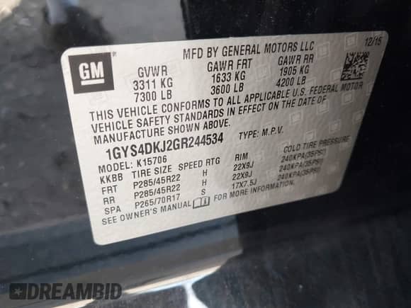 2016 Cadillac Escalade Platinum with VIN 1GYS4DKJ2GR244534, listed as a IAAI auction lot 43136223 with 135,161 mi miles and . Bid and sale history available at DreamBid. Image 9.