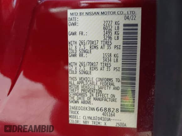 2022 Nissan Frontier SV with VIN 1N6ED1EK3NN668828, listed as a IAAI auction lot 43324157 with 39,758 mi miles and . Bid and sale history available at DreamBid. Image 9.