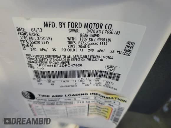 2013 Ford F-150 XL z VIN 1FTFW1ET2DFC47928, wystawiony jako Copart lot #62064415 z przebiegiem 126 527 mil mil oraz Szkoda całkowita • Salvage title. Historia ofert i sprzedaży dostępna na DreamBid. Obrazek 12.