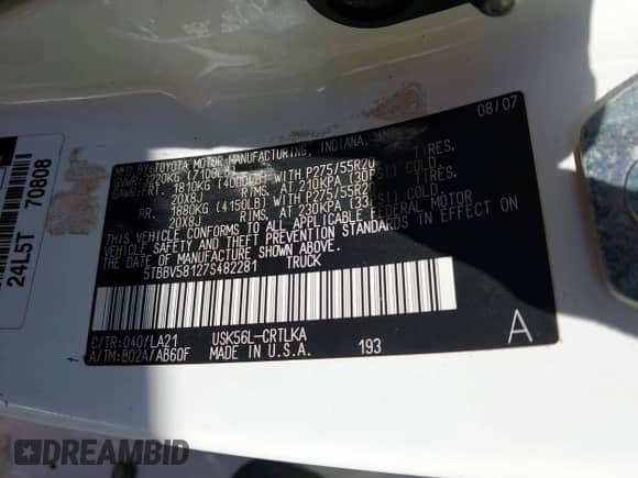 2007 Toyota Tundra Limited with VIN 5TBBV58127S482281, listed as a IAAI auction lot 41458719 with 196,993 mi miles and . Bid and sale history available at DreamBid. Image 9.