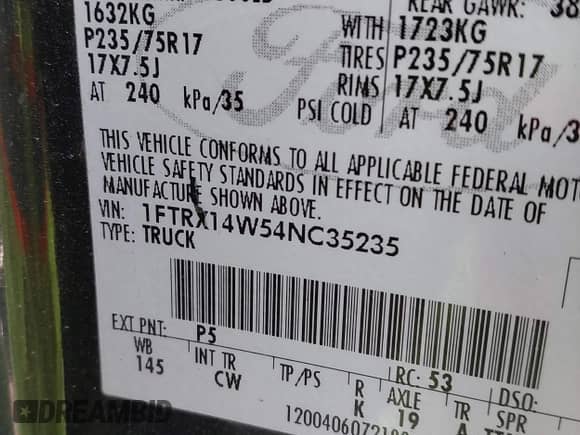 2004 Ford F-150 STX with VIN 1FTRX14W54NC35235, listed as a IAAI auction lot 43189573 with 115,170 mi miles and . Bid and sale history available at DreamBid. Image 9.