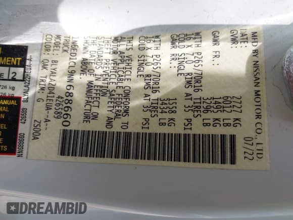 2022 Nissan Frontier S with VIN 1N6ED1CL9NN688660, listed as a IAAI auction lot 42171883 with Not provided miles and . Bid and sale history available at DreamBid. Image 9.
